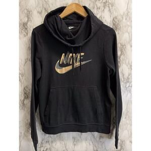 Nike Women's Fleece Funnel-Neck Black/Gold Hoodie Sweatshirt Sz M